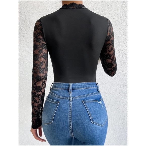 Black Floral Sheer Sleeve Lace Bodysuit - Picture 5 of 5